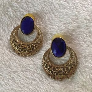 Vintage gold and blue gem big earrings